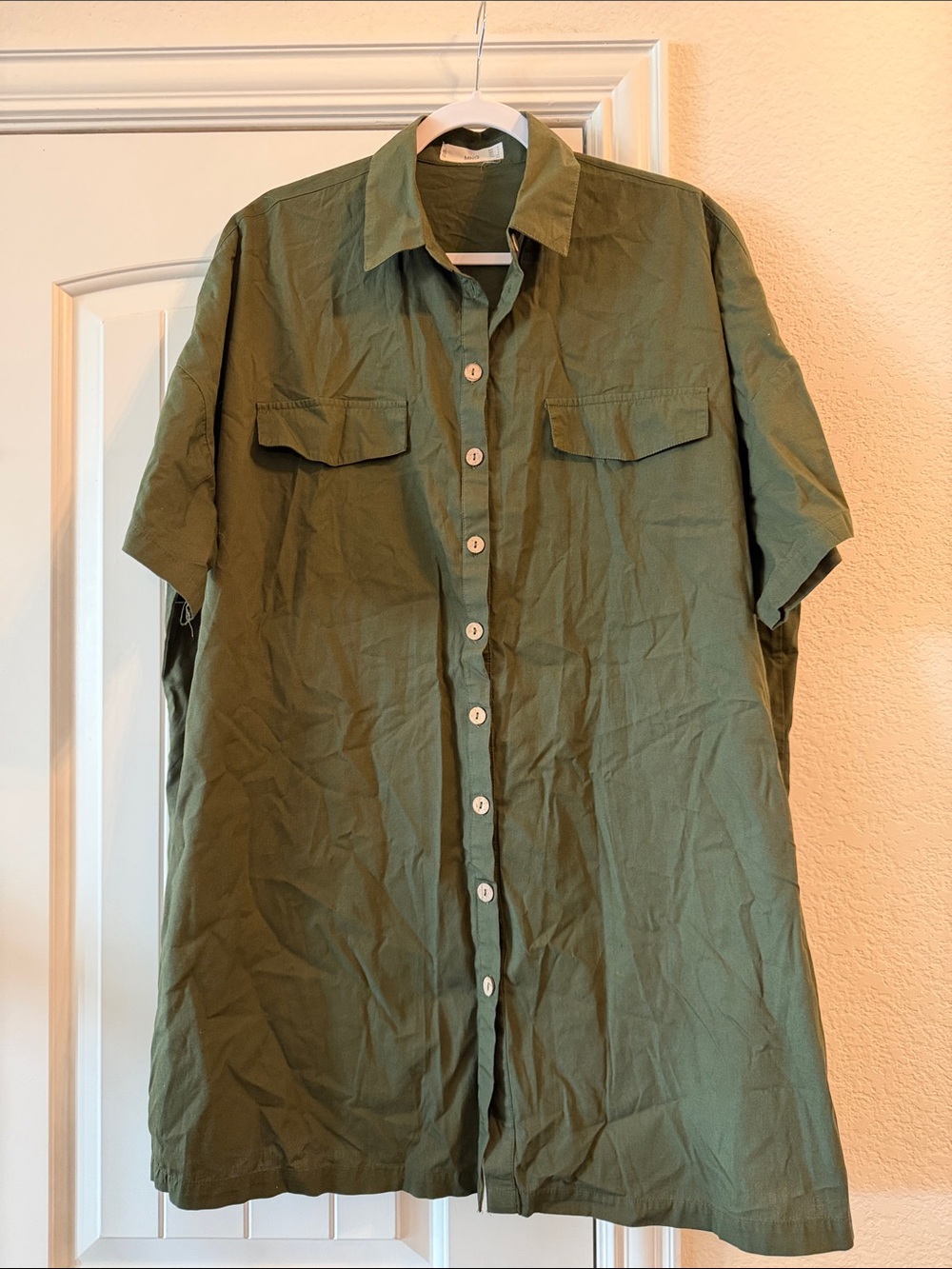MNG Olive Green Short Sleeve Button-Up Shirt Dress, Sz 8